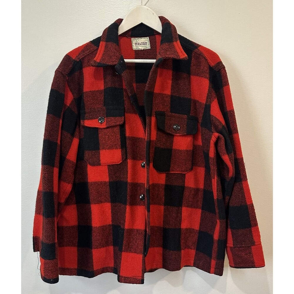 VTG Melton Wintermaster Wool Red & Black Buffalo Plaid Button Up Mens Medium